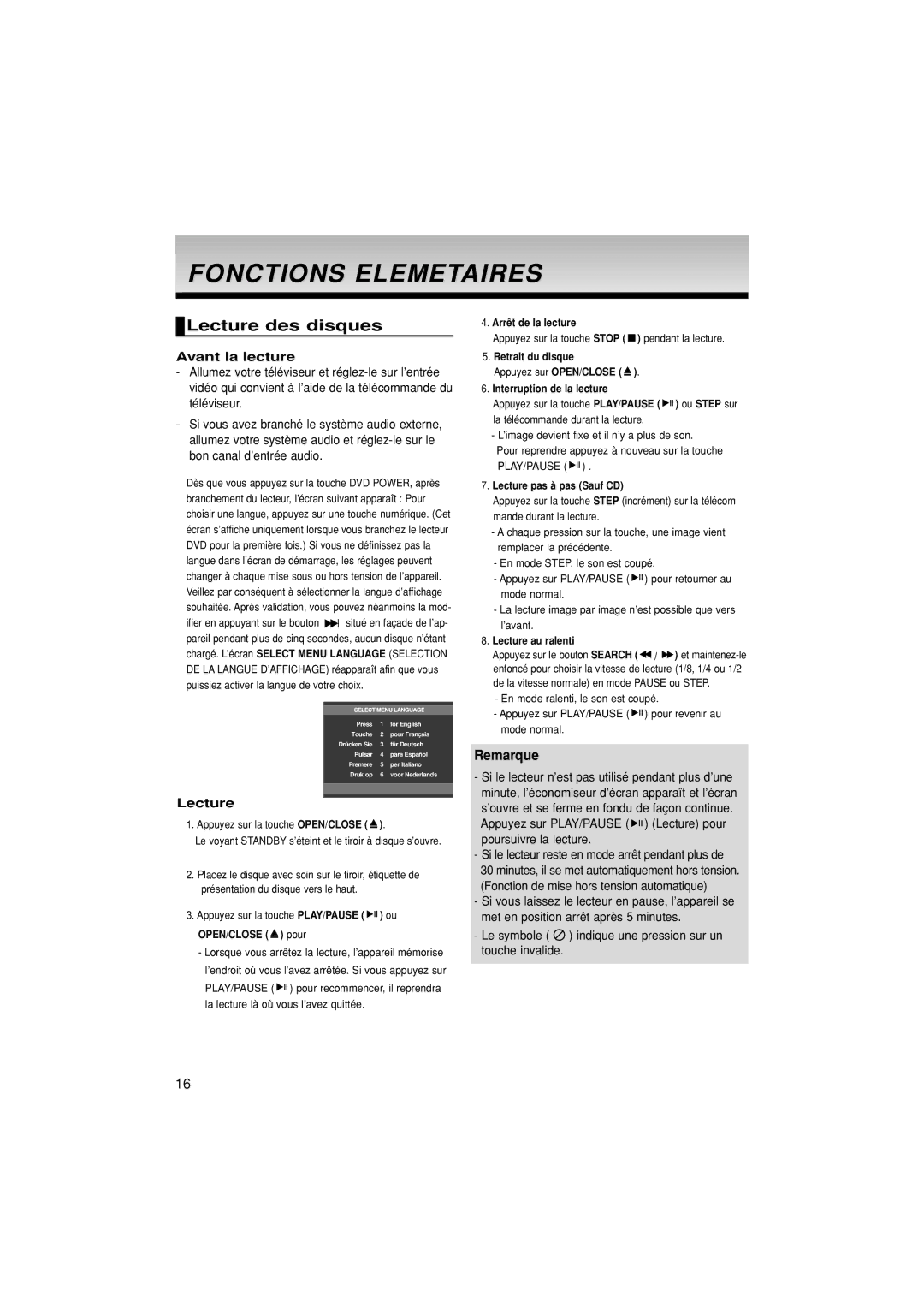 Samsung DVD-1080P7/XEF manual Fonctions Elemetaires, Lecture des disques, Avant la lecture 