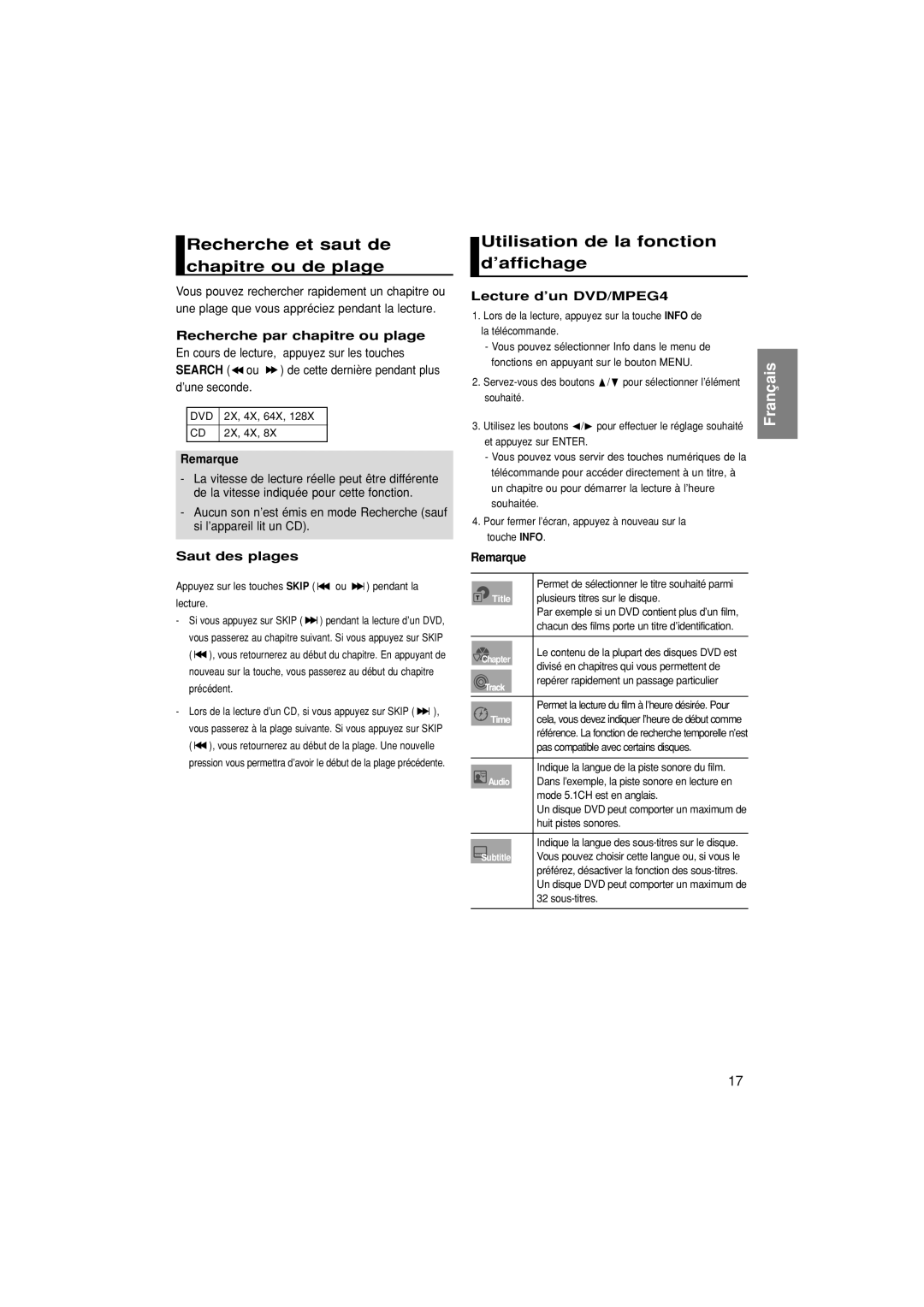 Samsung DVD-1080P7/XEF Recherche et saut de chapitre ou de plage, Utilisation de la fonction d’affichage, Saut des plages 