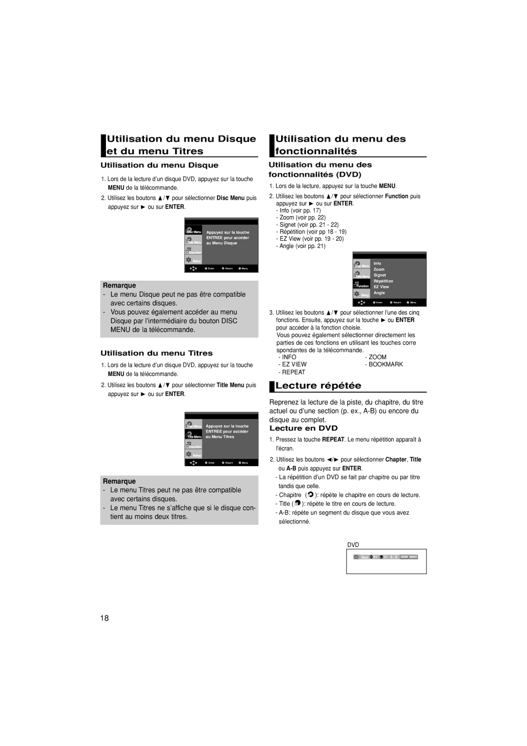 Samsung DVD-1080P7/XEF manual Utilisation du menu Disque et du menu Titres, Utilisation du menu des fonctionnalités 