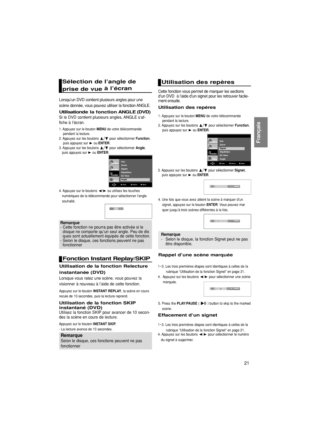 Samsung DVD-1080P7/XEF manual Sélection de l’angle de prise de vue à l’écran, Utilisation des repères 