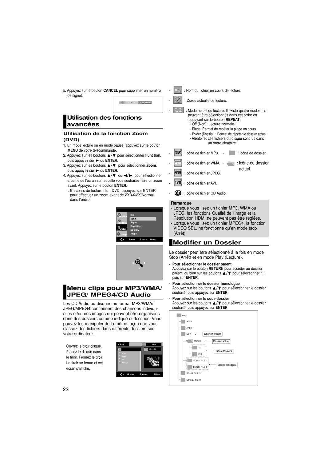 Samsung DVD-1080P7/XEF manual Utilisation des fonctions avancées, Menu clips pour MP3/WMA/ JPEG/ MPEG4/CD Audio 