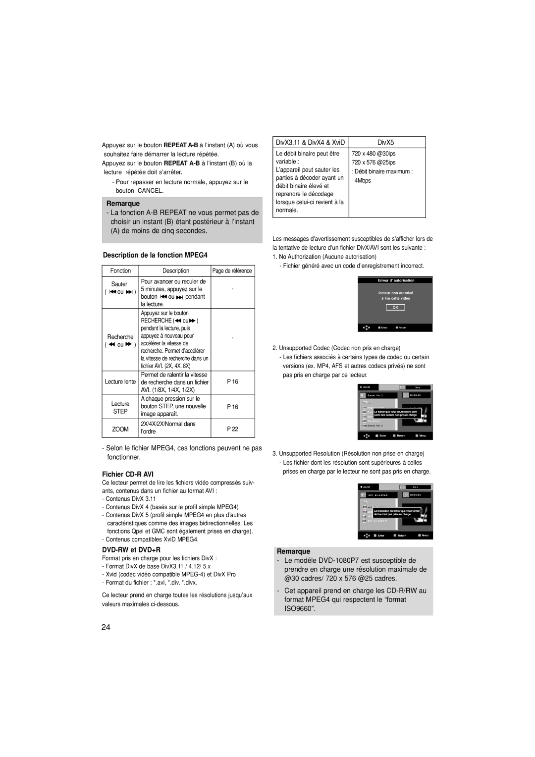 Samsung DVD-1080P7/XEF manual Description de la fonction MPEG4, Fichier CD-R AVI, DVD-RW et DVD+R 