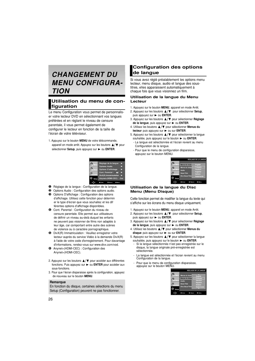 Samsung DVD-1080P7/XEF manual Changement DU Menu Configura Tion, Utilisation du menu de con- figuration 