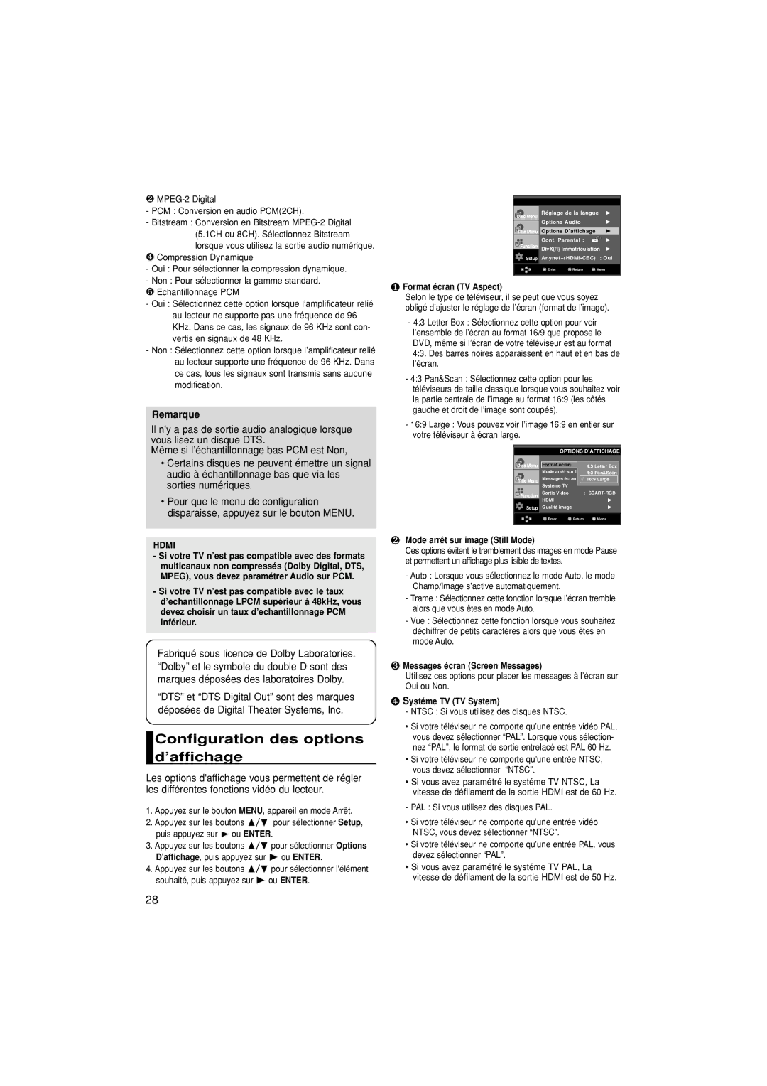 Samsung DVD-1080P7/XEF Configuration des options d’affichage, ❶ Format écran TV Aspect, ❷ Mode arrêt sur image Still Mode 