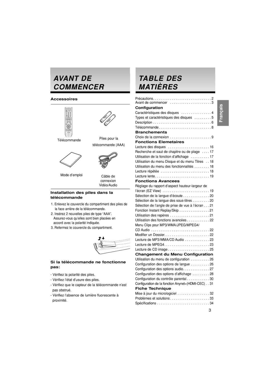 Samsung DVD-1080P7/XEF manual Avant DE Commencer, Table DES Matières 