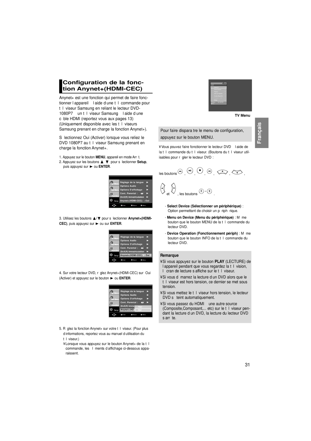 Samsung DVD-1080P7/XEF manual Configuration de la fonc- tion Anynet+HDMI-CEC, TV Menu 