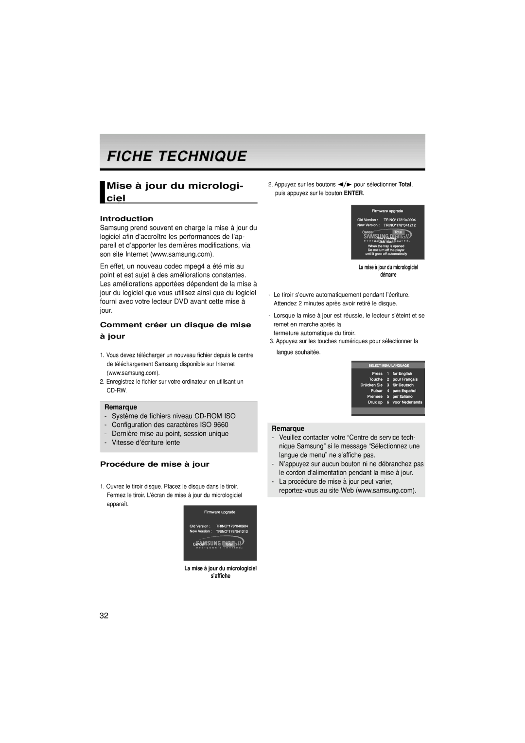 Samsung DVD-1080P7/XEF Fiche Technique, Mise à jour du micrologi- ciel, Introduction, Comment créer un disque de mise Jour 