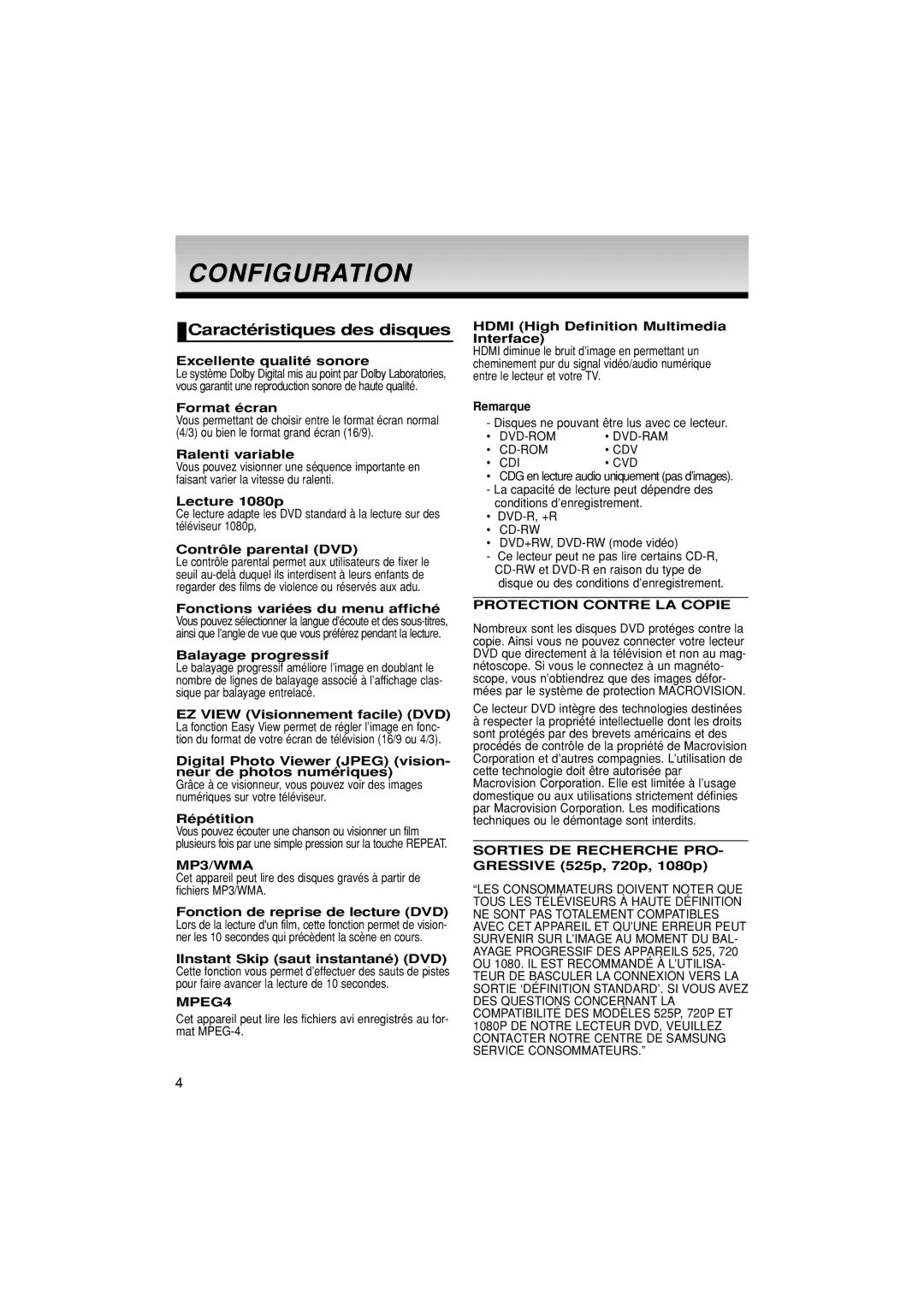 Samsung DVD-1080P7/XEF manual Configuration, Caractéristiques des disques 