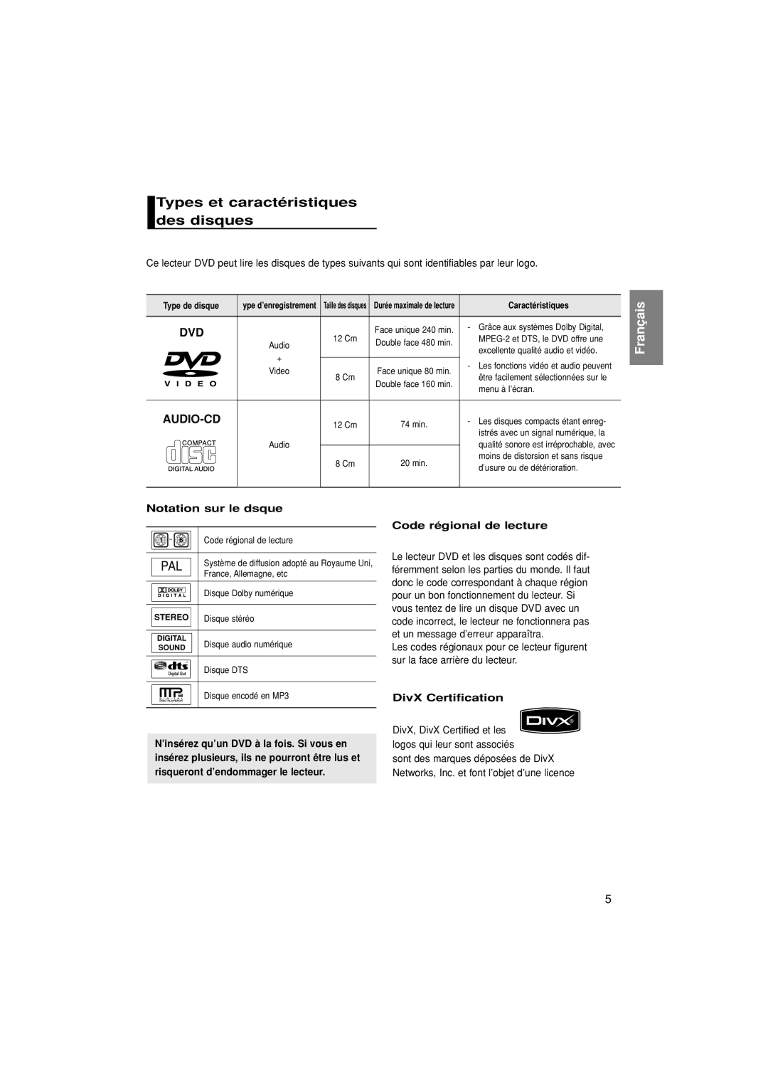 Samsung DVD-1080P7/XEF manual Types et caractéristiques des disques 