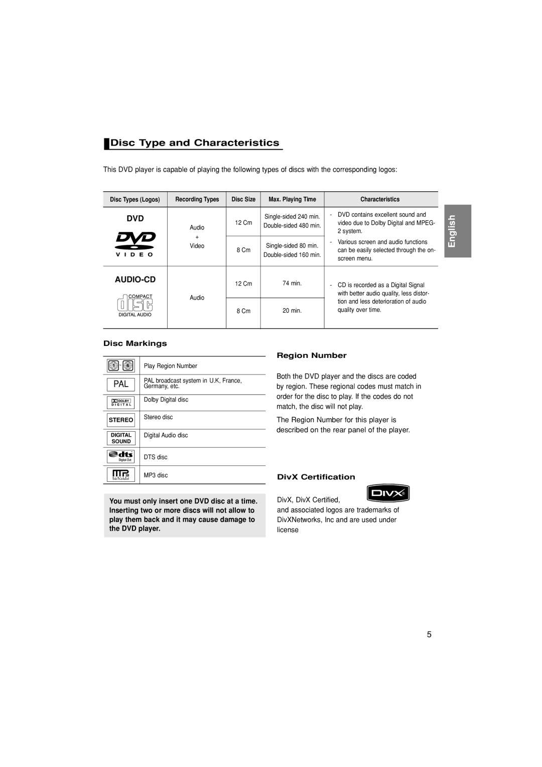 Samsung DVD-1080P7/XEG, DVD-1080P7/EUR, DVD-1080P7/XEC Disc Type and Characteristics, Disc Markings, DivX Certification 