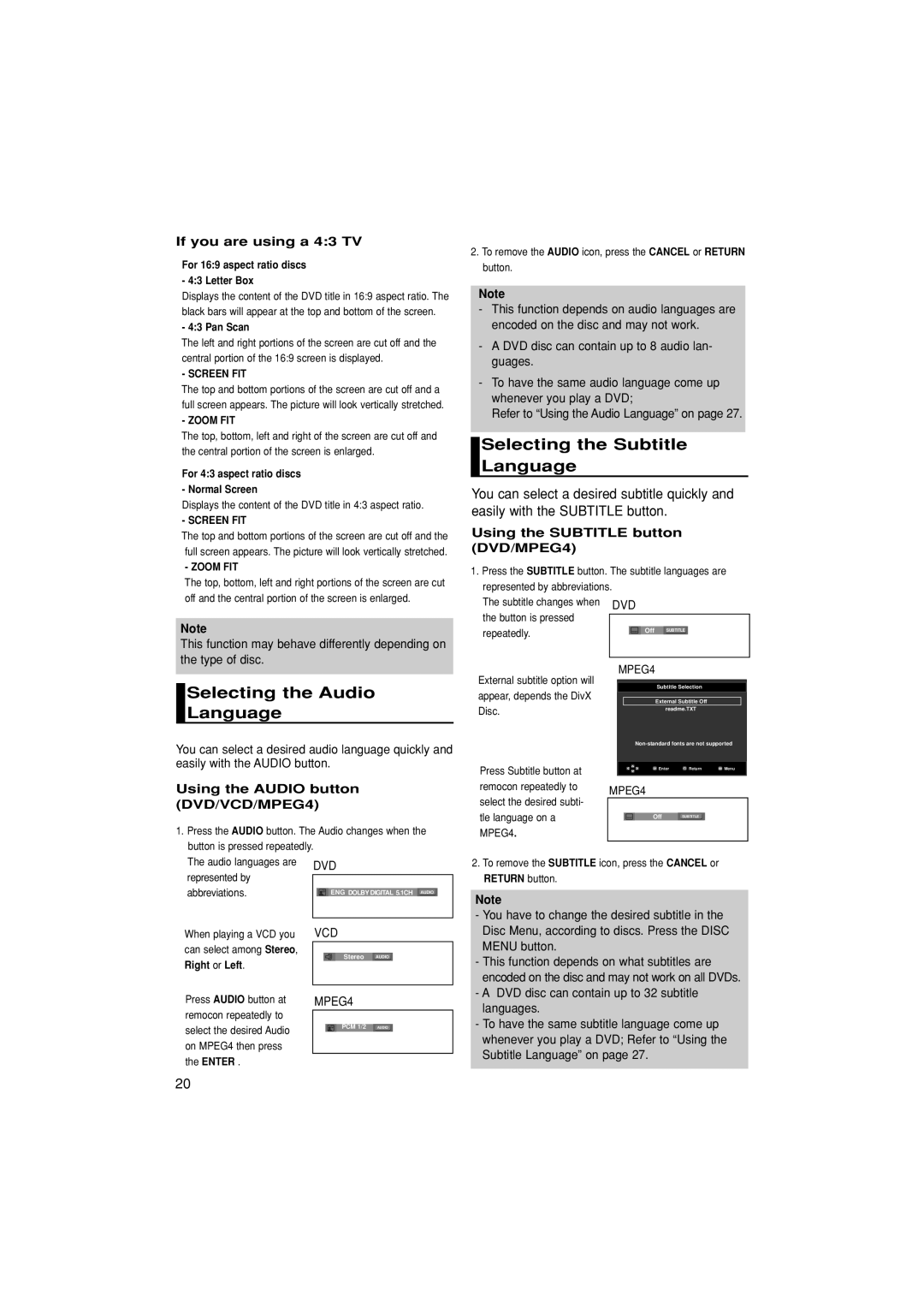 Samsung DVD-1080P7/XSA manual Selecting the Audio Language, Selecting the Subtitle Language, If you are using a 43 TV 