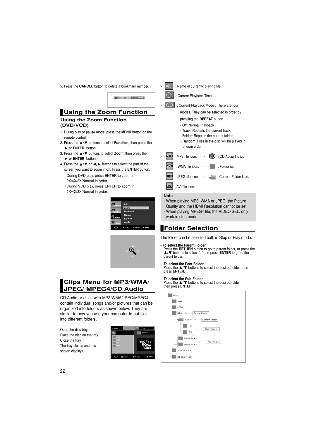 Samsung DVD-1080P7/XSA manual Using the Zoom Function, Clips Menu for MP3/WMA/ JPEG/ MPEG4/CD Audio, Folder Selection 