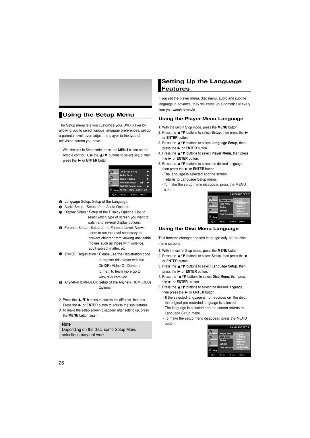 Samsung DVD-1080P7/XSA, DVD-1080P7/XSV manual Changing Setup Menu, Using the Setup Menu, Setting Up the Language Features 