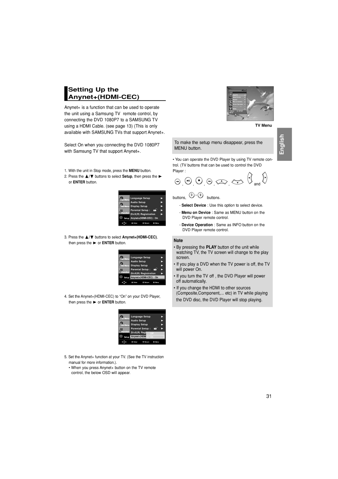 Samsung DVD-1080P7/XSV, DVD-1080P7/XSA manual Setting Up Anynet+HDMI-CEC, TV Menu 