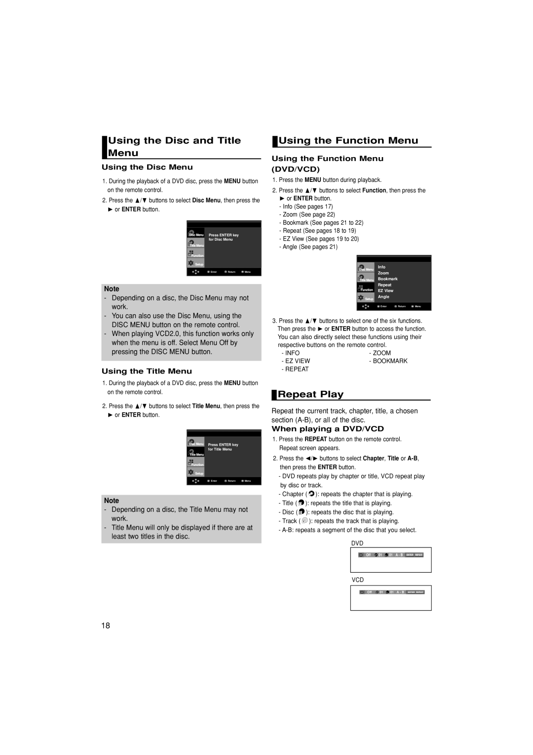 Samsung DVD-1080P7/XSA, DVD-1080P7/XSV manual Using the Disc and Title Menu, Using the Function Menu, Repeat Play 