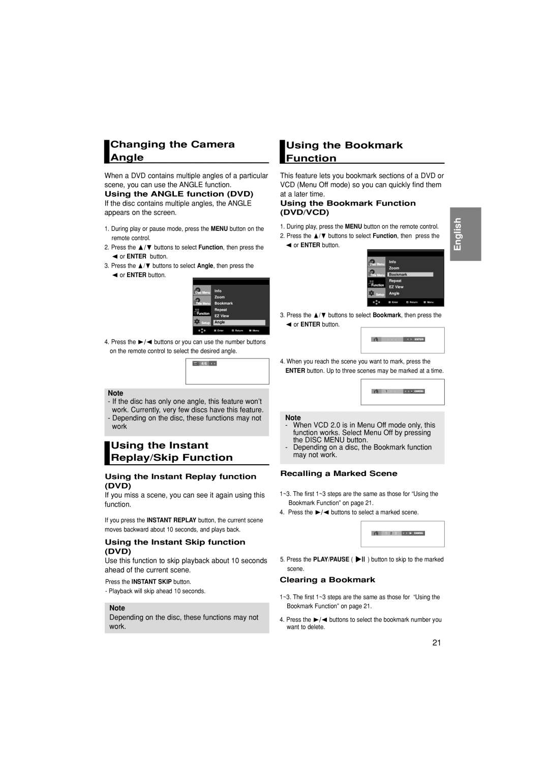 Samsung DVD-1080P7/XSV Changing the Camera Angle, Using the Instant Replay/Skip Function, Using the Bookmark Function 