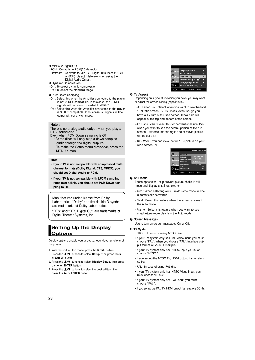 Samsung DVD-1080P7/XSA, DVD-1080P7/XSV manual Setting Up the Display Options, Hdmi 