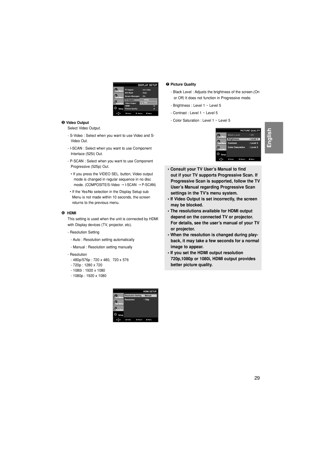 Samsung DVD-1080P7/XSV, DVD-1080P7/XSA Consult your TV User’s Manual to find, ❺ Video Output, ❻ Hdmi, ❼ Picture Quality 