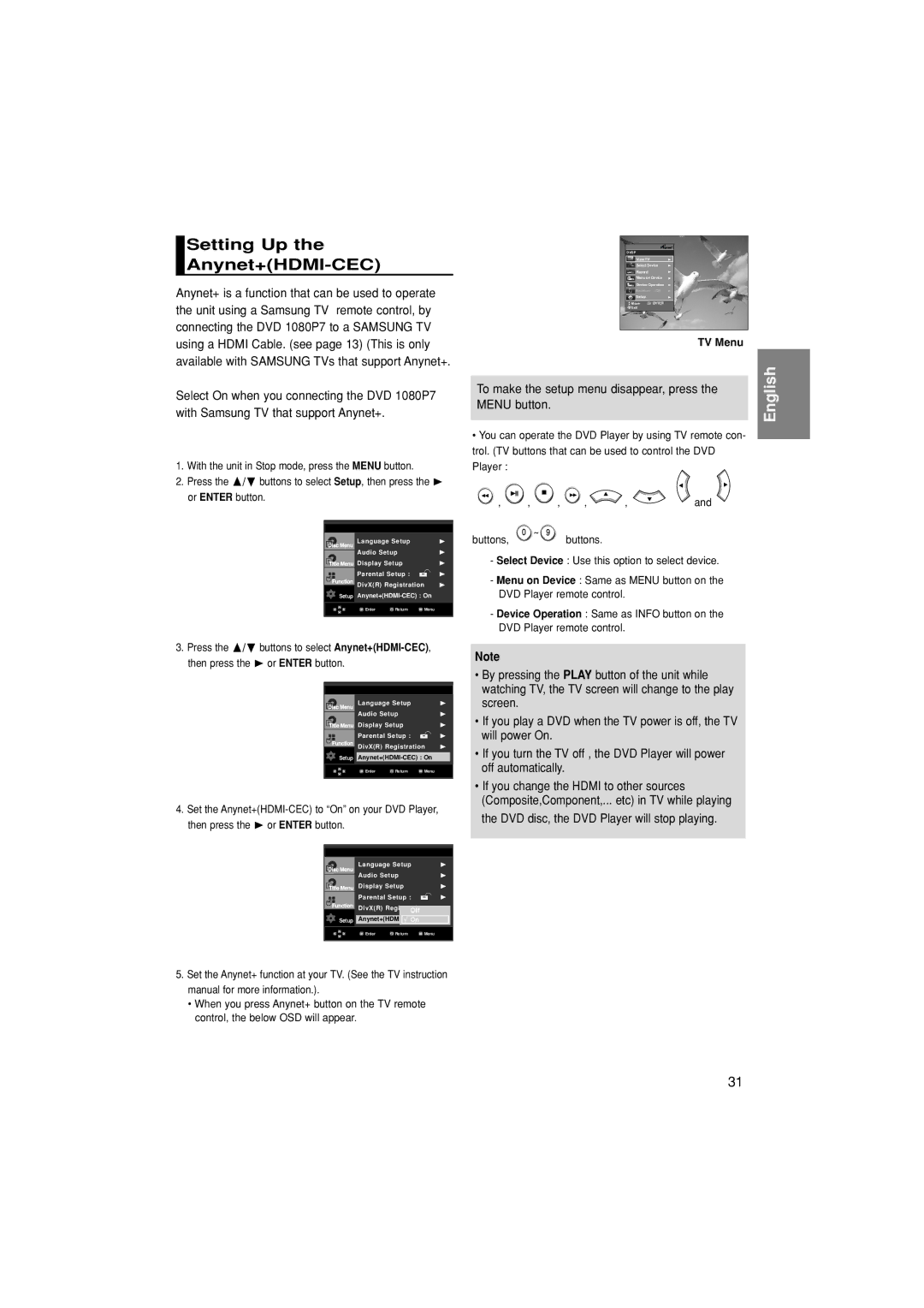 Samsung DVD-1080P7/XSV, DVD-1080P7/XSA manual Setting Up Anynet+HDMI-CEC, TV Menu 