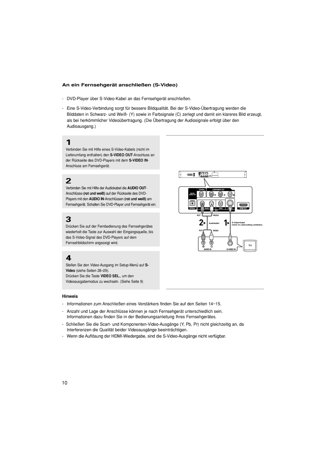 Samsung DVD-1080P7/AUS, DVD-1080P7/XSE, DVD-1080P7/XEG, DVD-1080P7/XEL manual An ein Fernsehgerät anschließen S-Video 