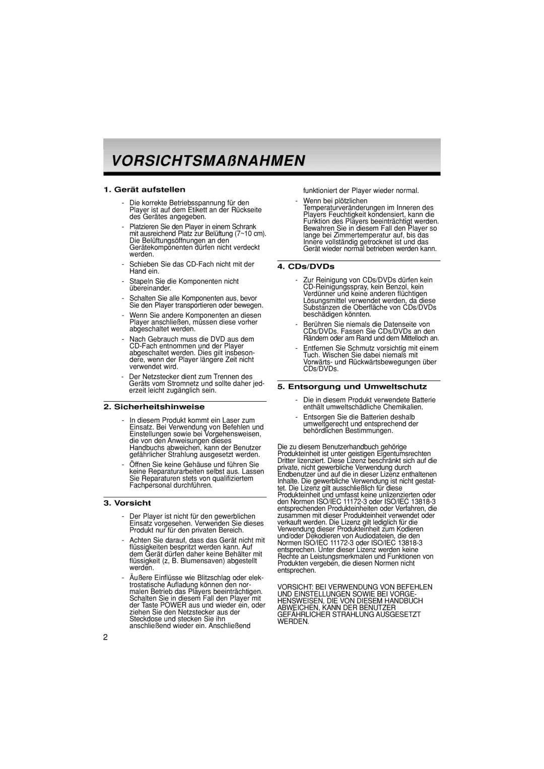 Samsung DVD-1080P7/AUS manual Gerät aufstellen, Sicherheitshinweise, Vorsicht, CDs/DVDs, Entsorgung und Umweltschutz 