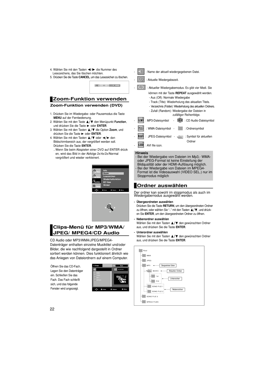 Samsung DVD-1080P7/AUS manual Zoom-Funktion verwenden, Clips-Menü für MP3/WMA/ JPEG/ MPEG4/CD Audio, Ordner auswählen 