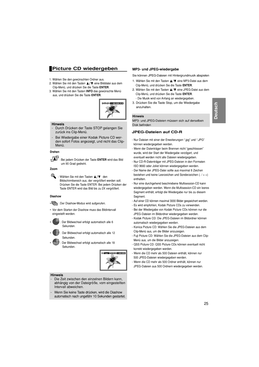 Samsung DVD-1080P7/XEG, DVD-1080P7/XSE manual Picture CD wiedergeben, MP3- und JPEG-wiedergabe, JPEG-Dateien auf CD-R 