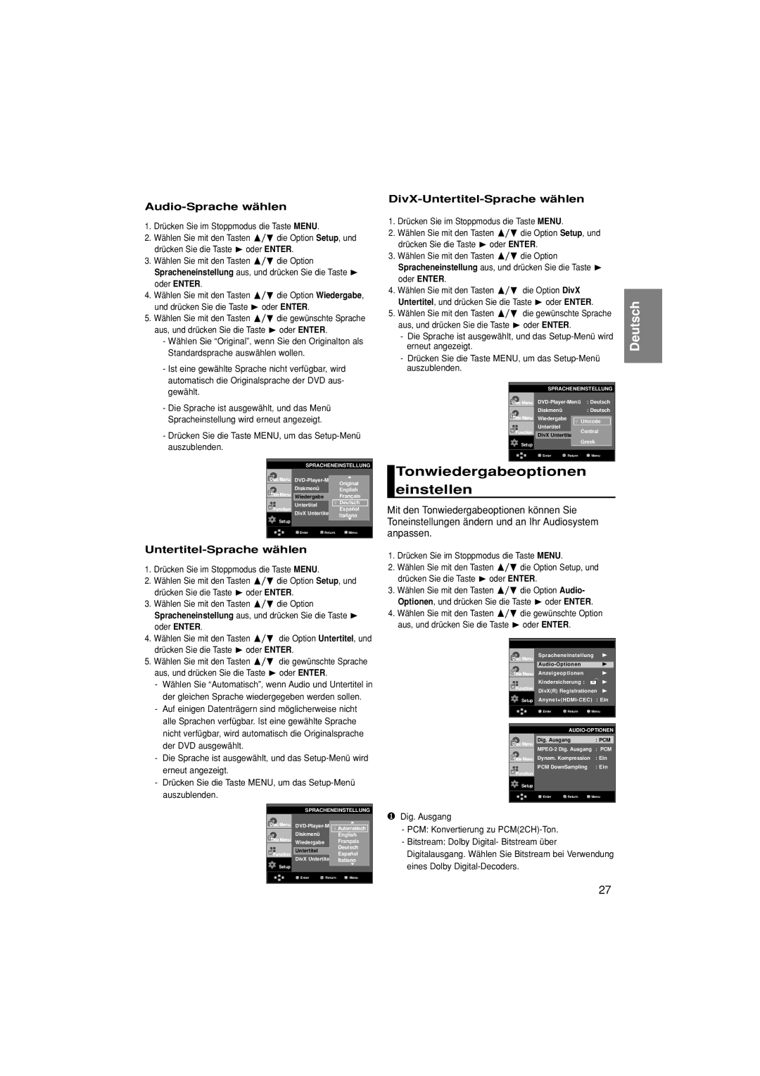 Samsung DVD-1080P7/XEL manual Tonwiedergabeoptionen einstellen, Audio-Sprache wählen, DivX-Untertitel-Sprache wählen 