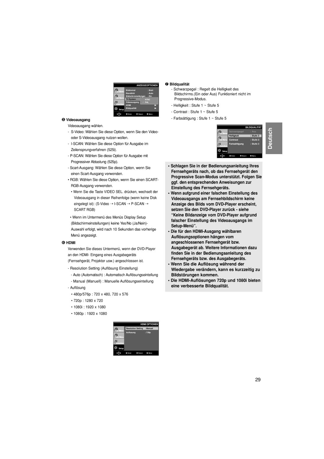 Samsung DVD-1080P7/XEG manual ❺ Videoausgang Videoausgang wählen, Resolution Setting Auflösung Einstellung, ❼ Bildqualität 