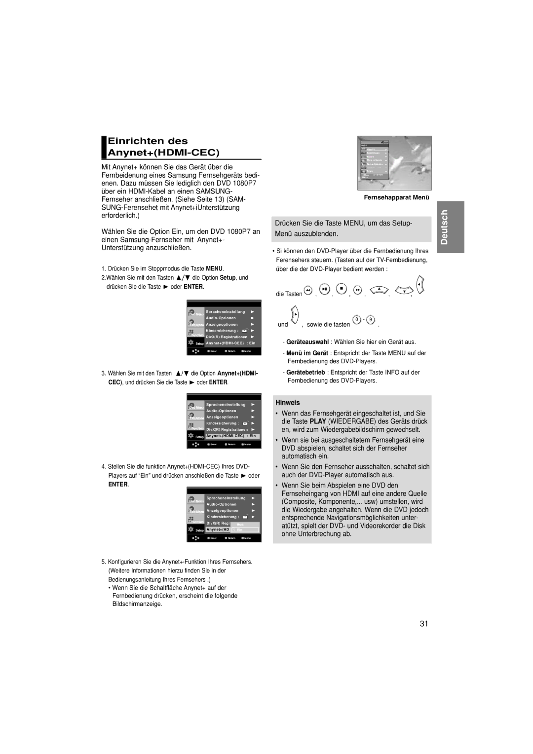 Samsung DVD-1080P7/XEL, DVD-1080P7/XSE, DVD-1080P7/XEG manual Einrichten des Anynet+HDMI-CEC, Fernsehapparat Menü, Und 