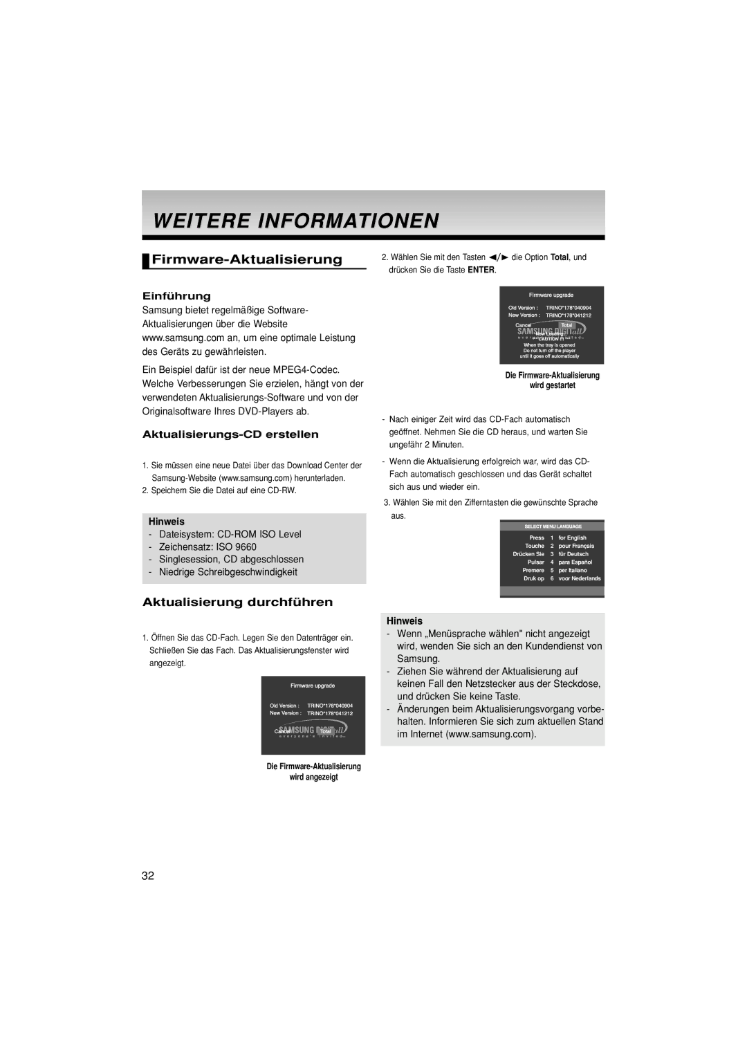 Samsung DVD-1080P7/XSE manual Weitere Informationen, Firmware-Aktualisierung, Aktualisierungs-CD erstellen, Wird angezeigt 