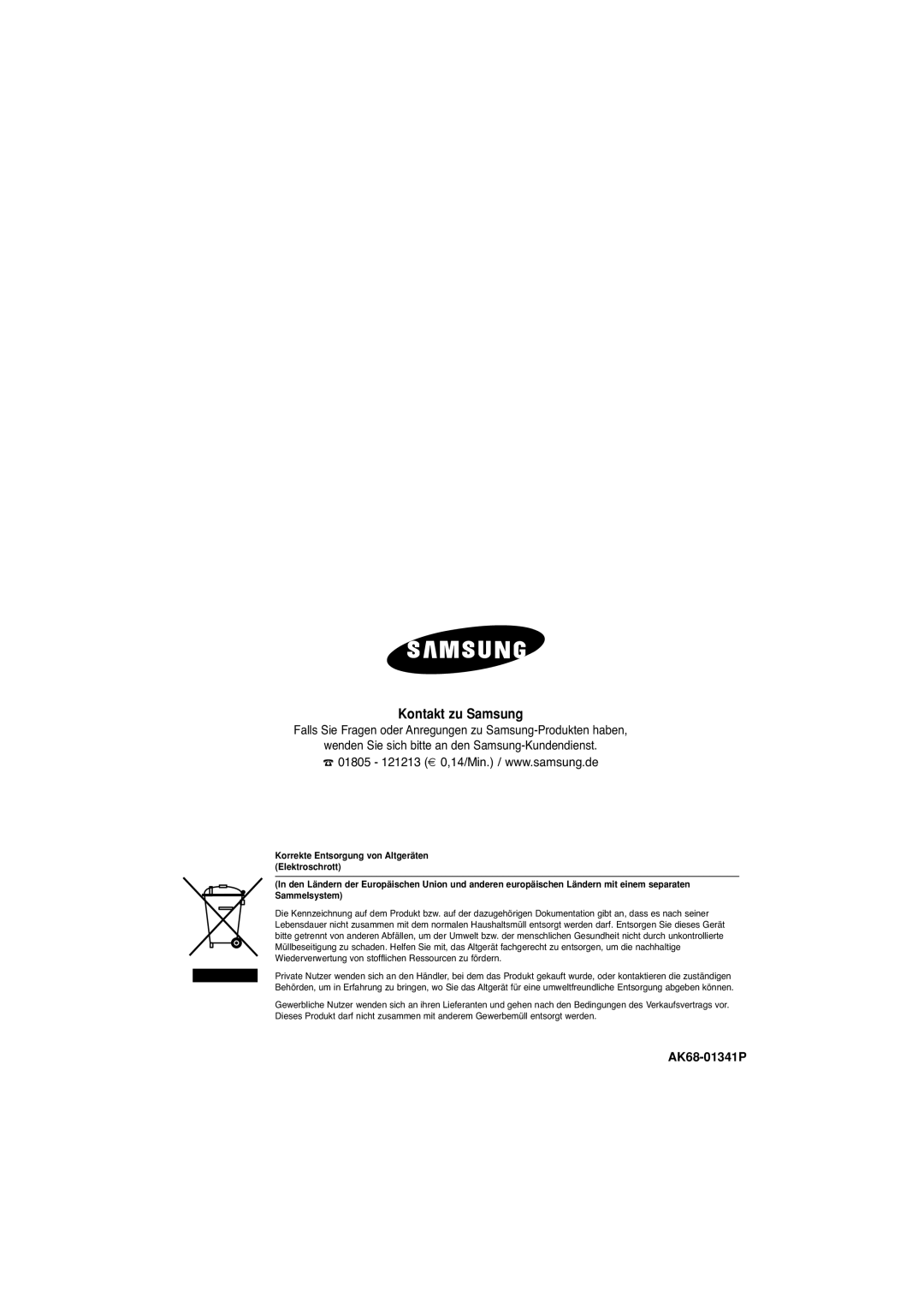 Samsung DVD-1080P7/XSE, DVD-1080P7/XEG, DVD-1080P7/AUS, DVD-1080P7/XEL manual Kontakt zu Samsung, AK68-01341P 