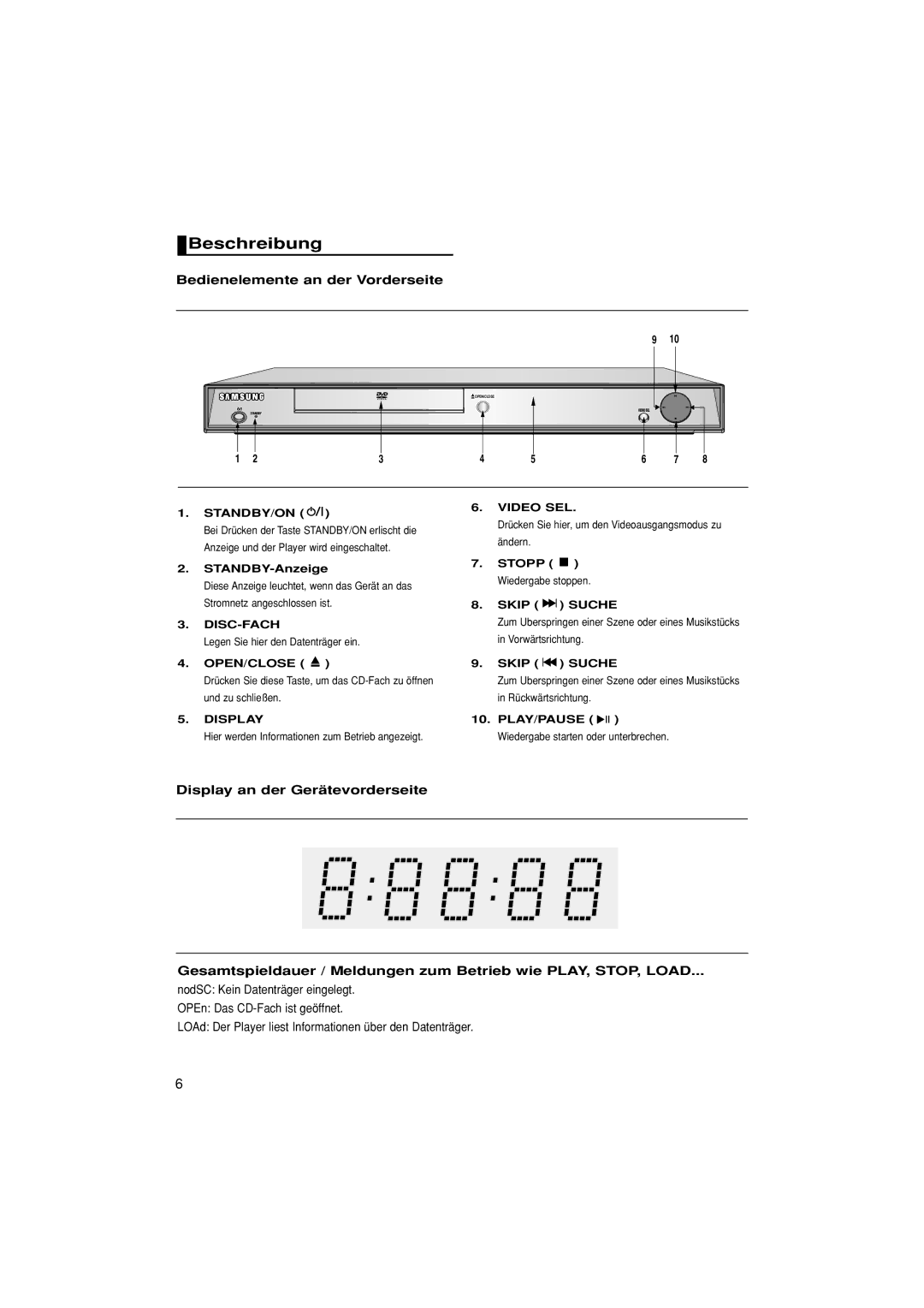 Samsung DVD-1080P7/AUS, DVD-1080P7/XSE, DVD-1080P7/XEG, DVD-1080P7/XEL manual Beschreibung, Bedienelemente an der Vorderseite 