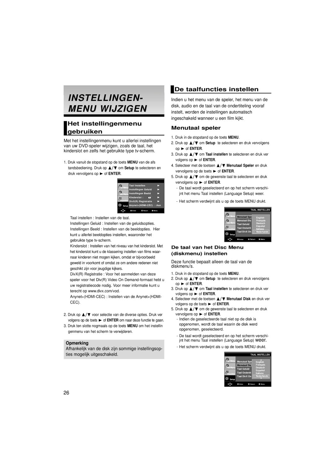 Samsung DVD-1080P7/XSE manual Instellingen Menu Wijzigen, Het instellingenmenu gebruiken, De taalfuncties instellen 