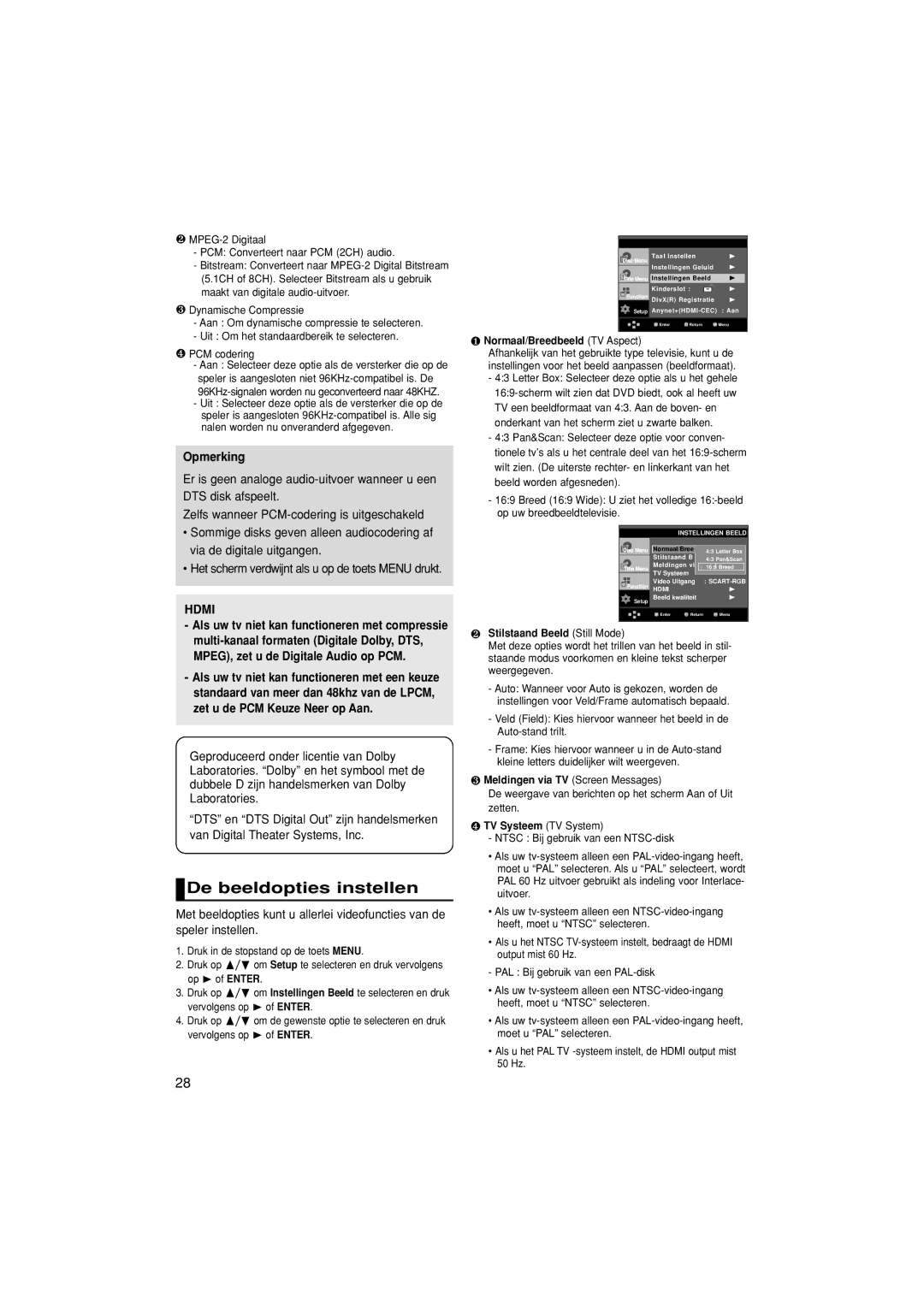 Samsung DVD-1080P7/AUS manual De beeldopties instellen, ❶ Normaal/Breedbeeld TV Aspect, ❷ Stilstaand Beeld Still Mode 