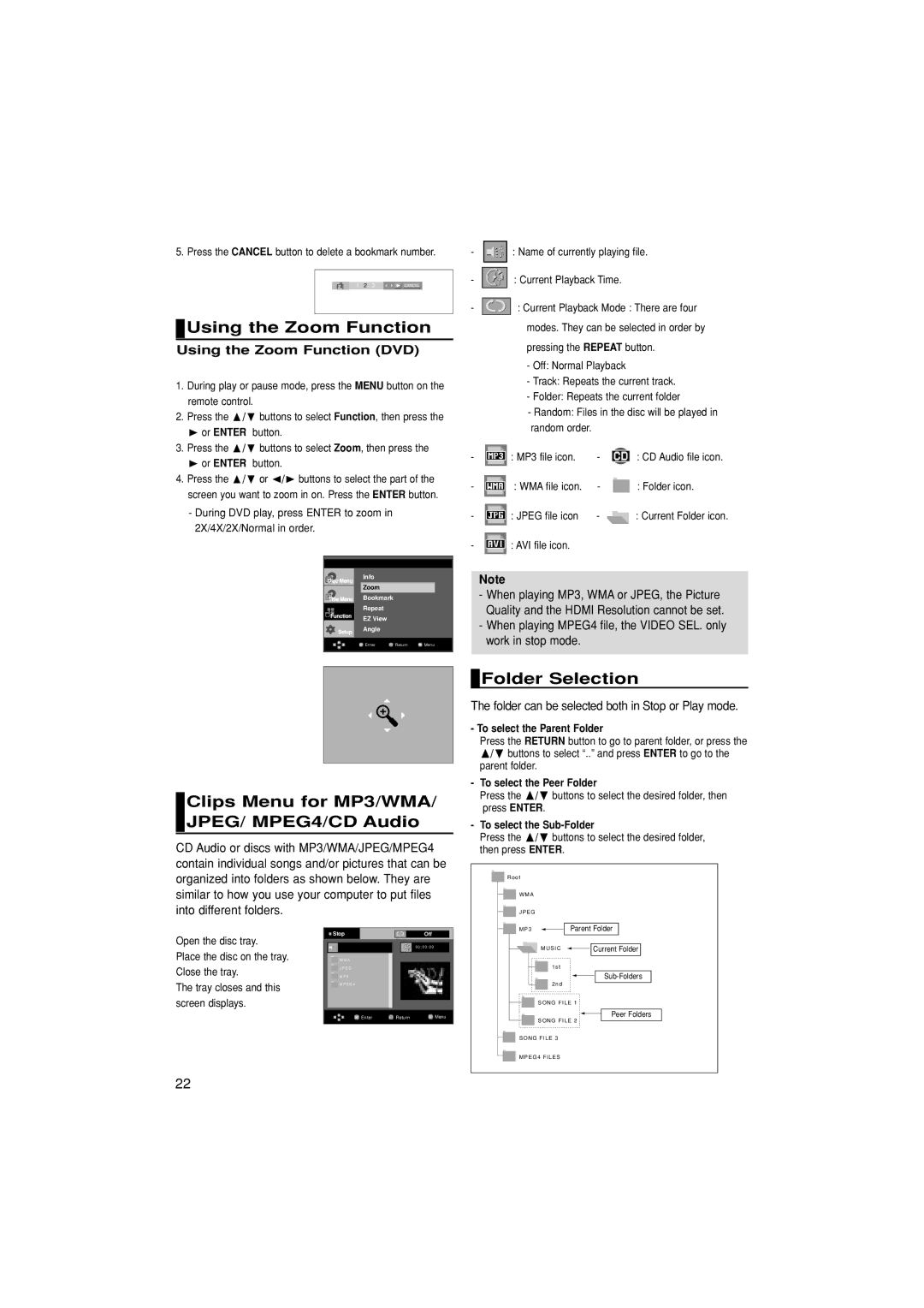 Samsung DVD-1080P7/AUS manual Using the Zoom Function, Clips Menu for MP3/WMA/ JPEG/ MPEG4/CD Audio, Folder Selection 