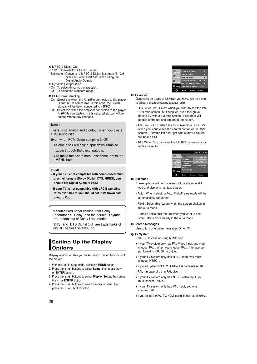 Samsung DVD-1080P7/XSE manual Setting Up the Display Options, To make the Setup menu disappear, press the Menu button 