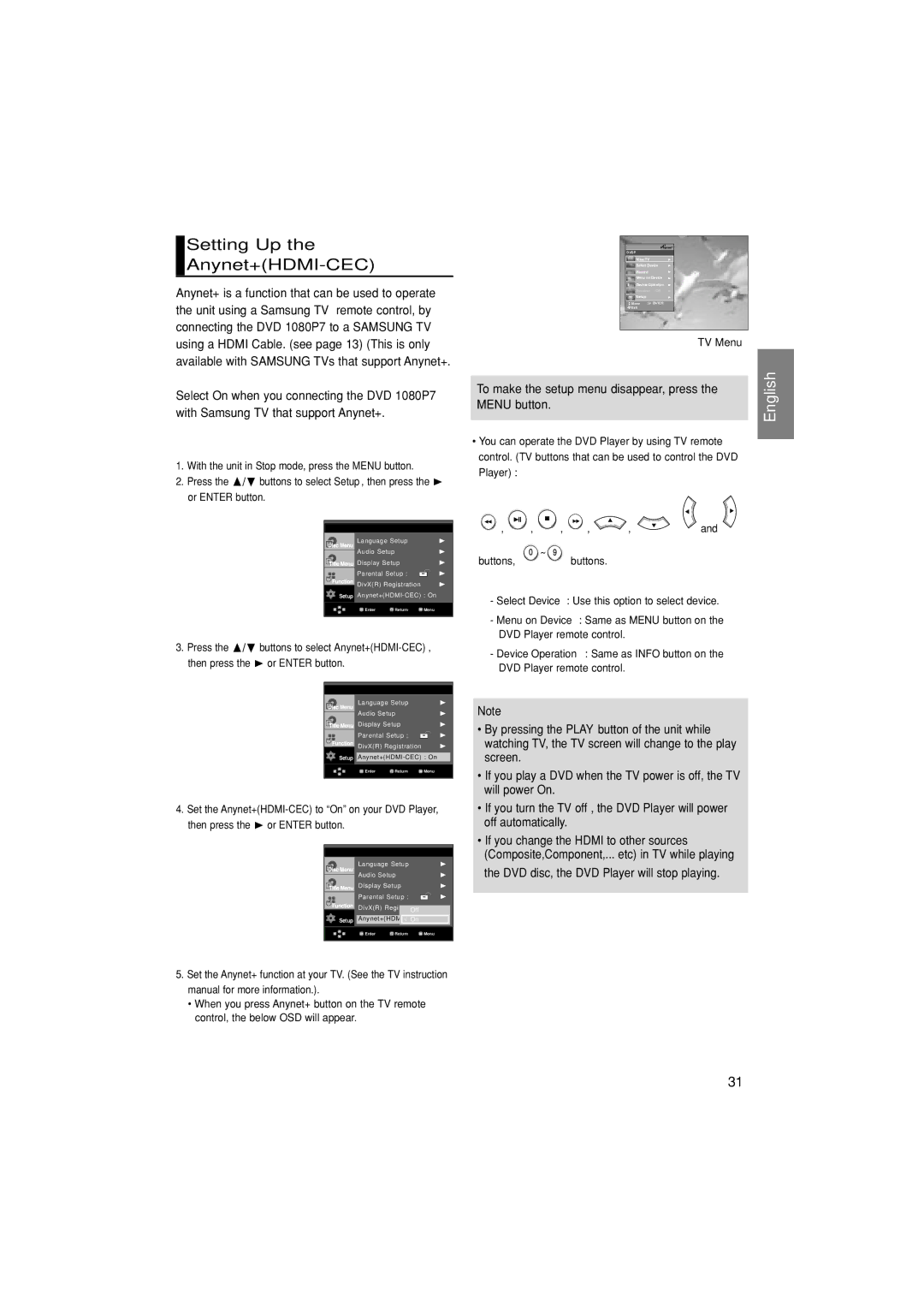 Samsung DVD-1080P7/XEL, DVD-1080P7/XSE manual Setting Up Anynet+HDMI-CEC, DVD disc, the DVD Player will stop playing 