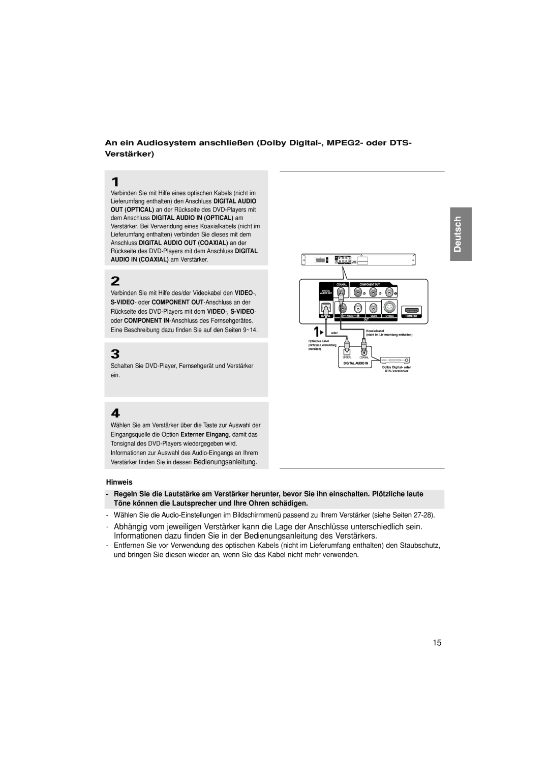 Samsung DVD-1080P7/XEL, DVD-1080P7/XSE, DVD-1080P7/XEG, DVD-1080P7/AUS manual Oder Koaxialkabel 