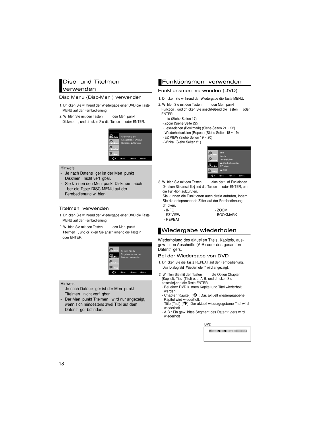 Samsung DVD-1080P7/AUS, DVD-1080P7/XSE manual Disc- und Titelmenü verwenden, Funktionsmenü verwenden, Wiedergabe wiederholen 