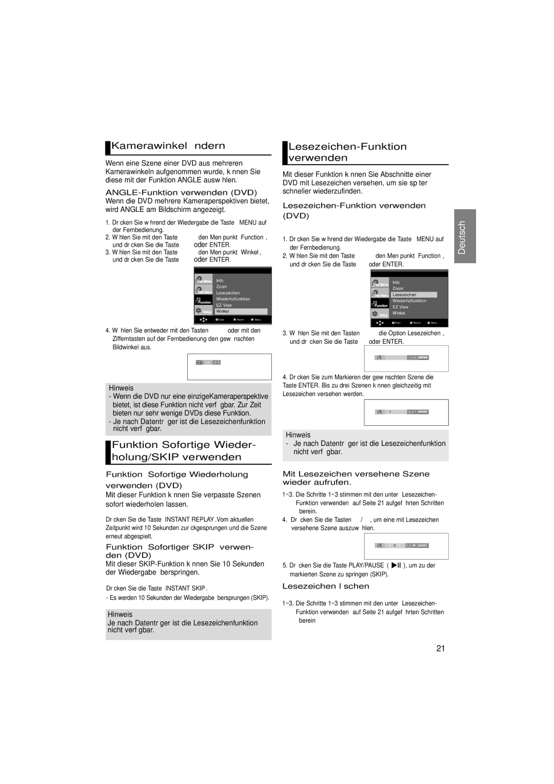 Samsung DVD-1080P7/XEG, DVD-1080P7/XSE manual Kamerawinkel ändern, Funktion Sofortige Wieder- holung/SKIP verwenden 