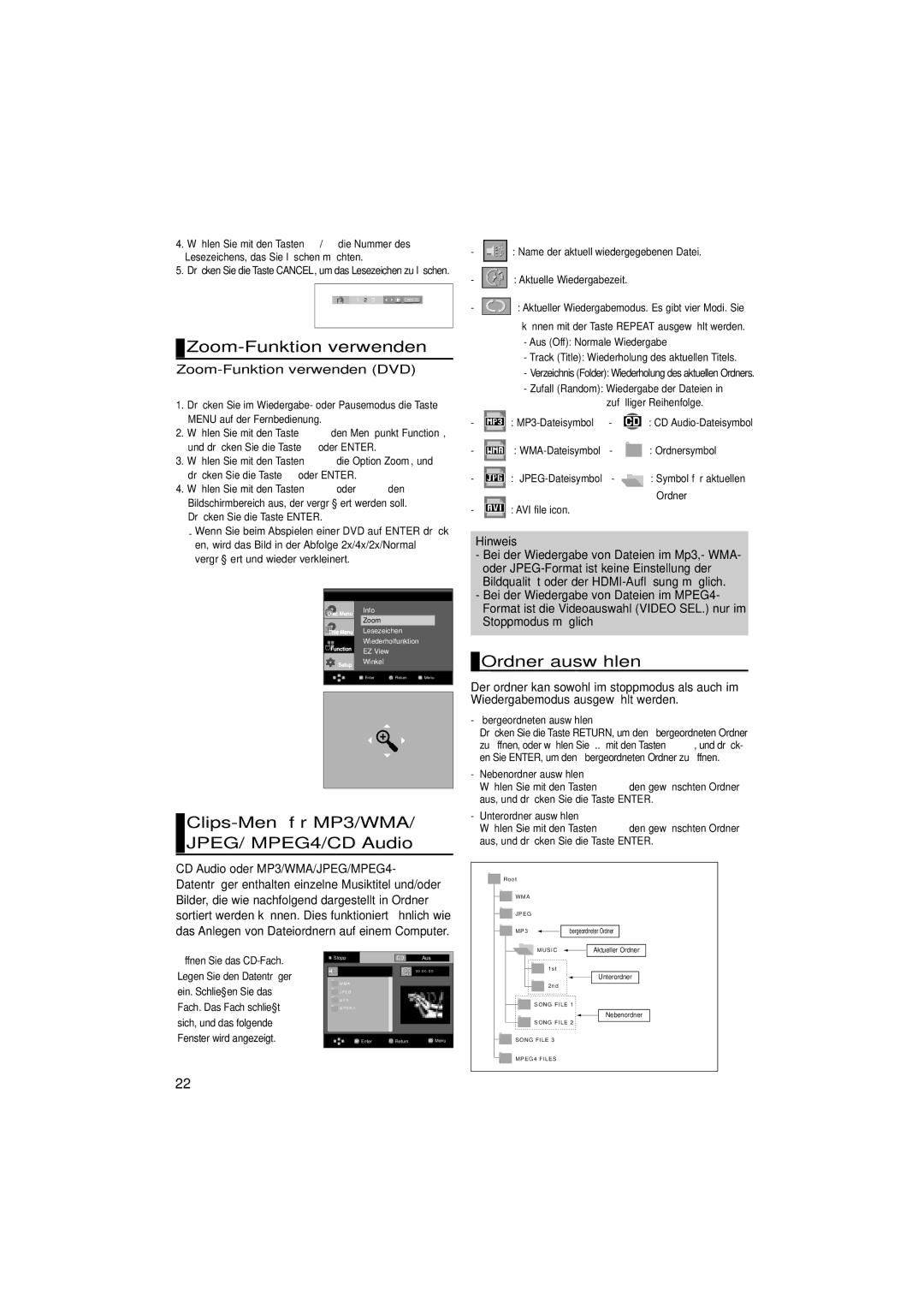 Samsung DVD-1080P7/AUS manual Zoom-Funktion verwenden, Clips-Menü für MP3/WMA/ JPEG/ MPEG4/CD Audio, Ordner auswählen 