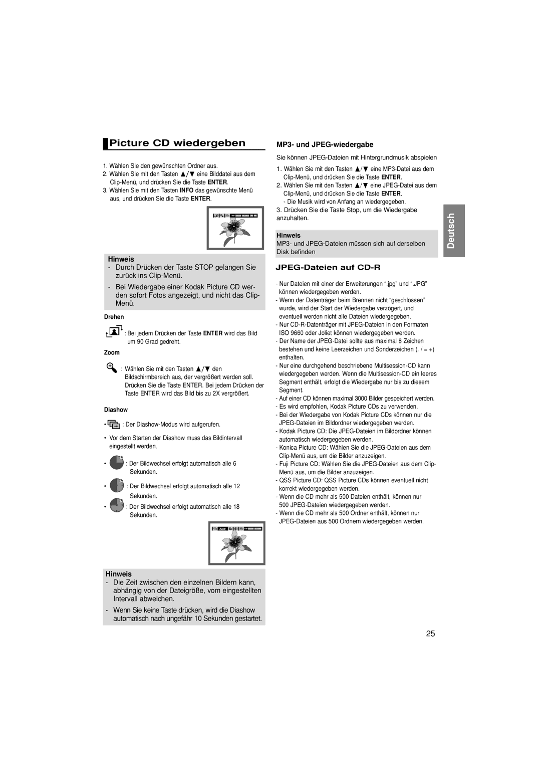 Samsung DVD-1080P7/XEG, DVD-1080P7/XSE manual Picture CD wiedergeben, MP3- und JPEG-wiedergabe, JPEG-Dateien auf CD-R 