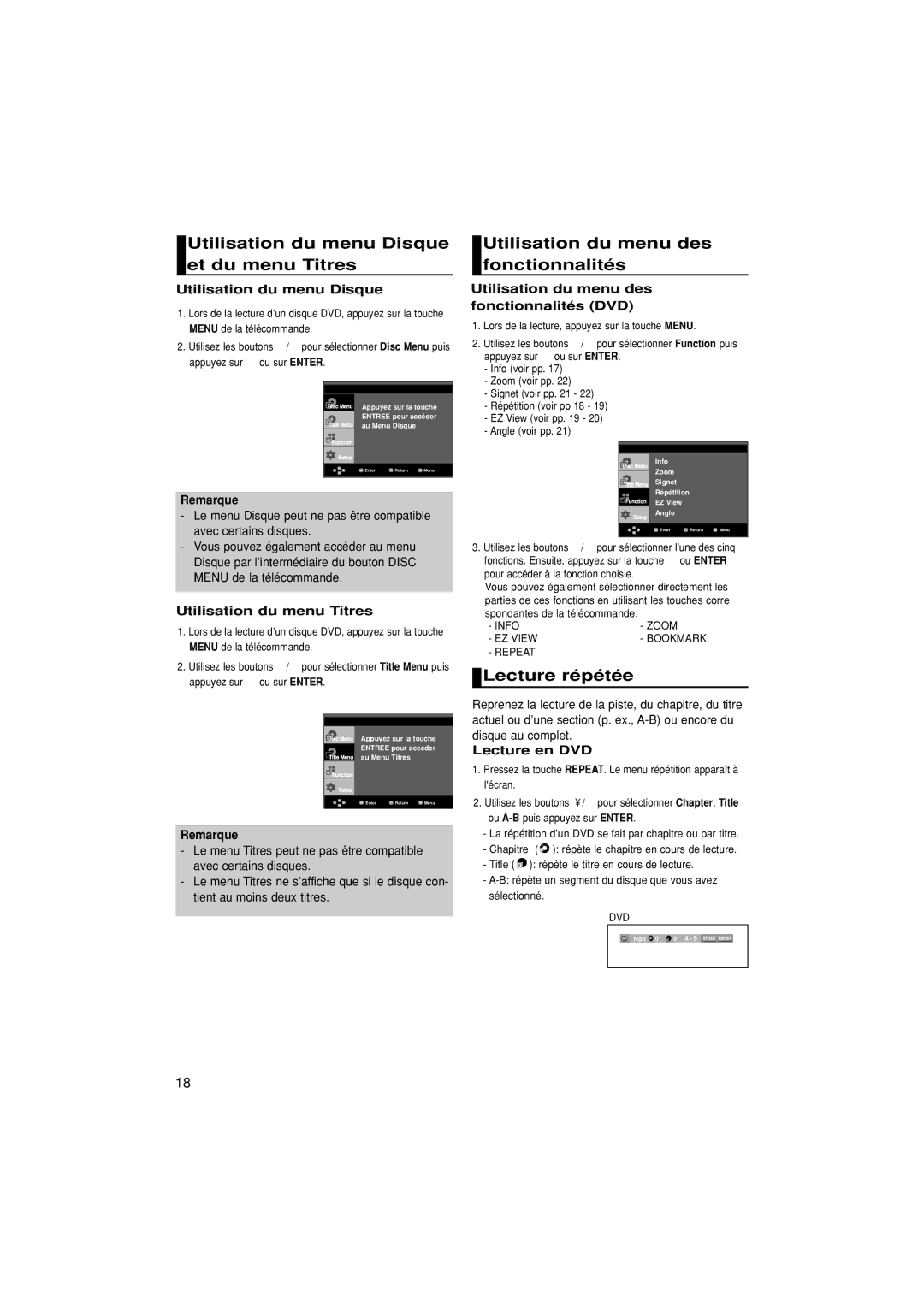 Samsung DVD-1080P7/AUS manual Utilisation du menu Disque et du menu Titres, Utilisation du menu des fonctionnalités 