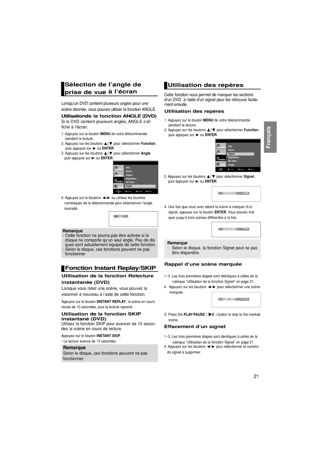 Samsung DVD-1080P7/XEG, DVD-1080P7/XSE manual Sélection de l’angle de prise de vue à l’écran, Utilisation des repères 