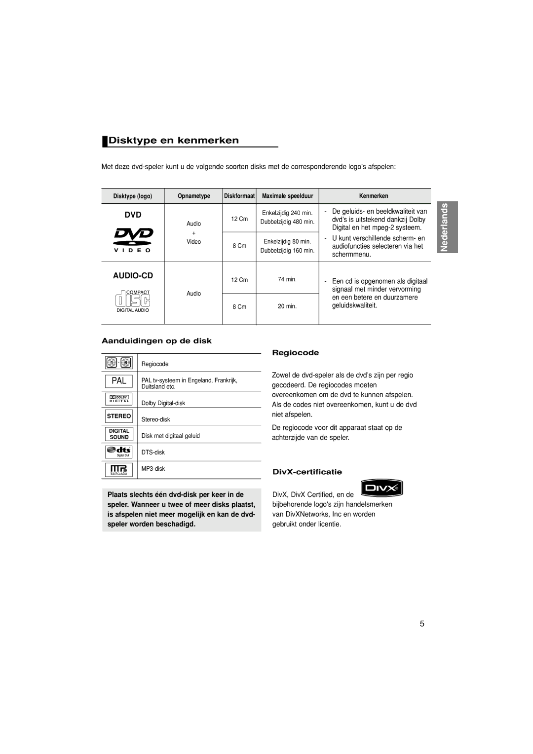 Samsung DVD-1080P7/XEL, DVD-1080P7/XSE manual Disktype en kenmerken, Aanduidingen op de disk, Regiocode, DivX-certificatie 