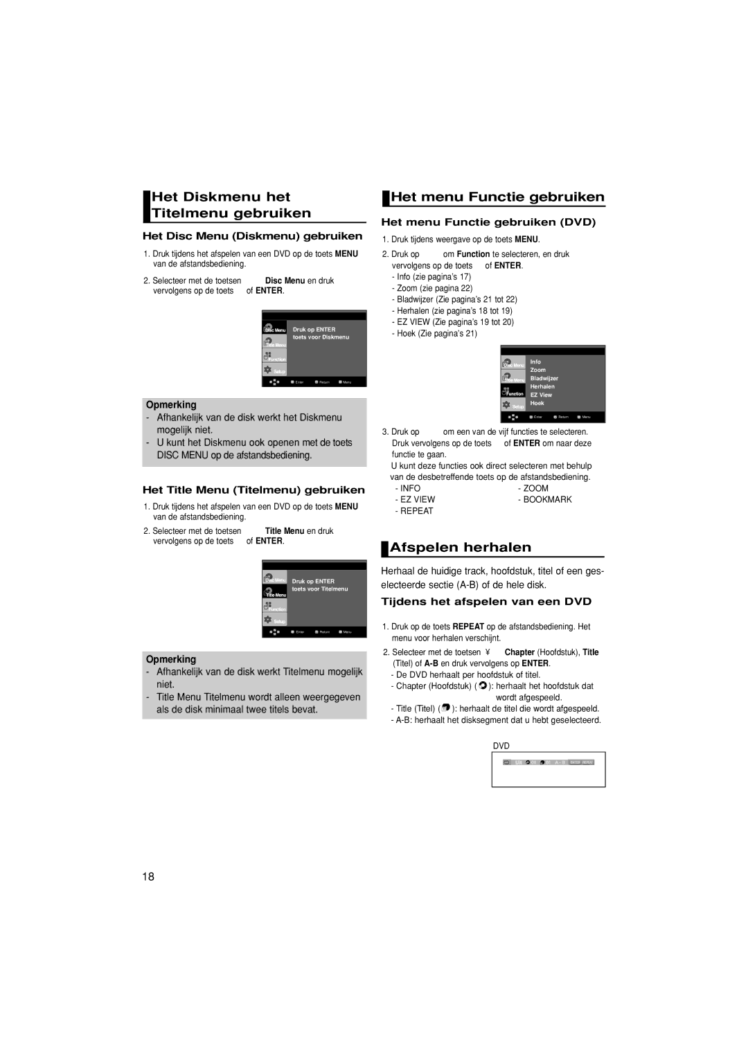 Samsung DVD-1080P7/XSE, DVD-1080P7/XEG Het Diskmenu het Titelmenu gebruiken, Het menu Functie gebruiken, Afspelen herhalen 