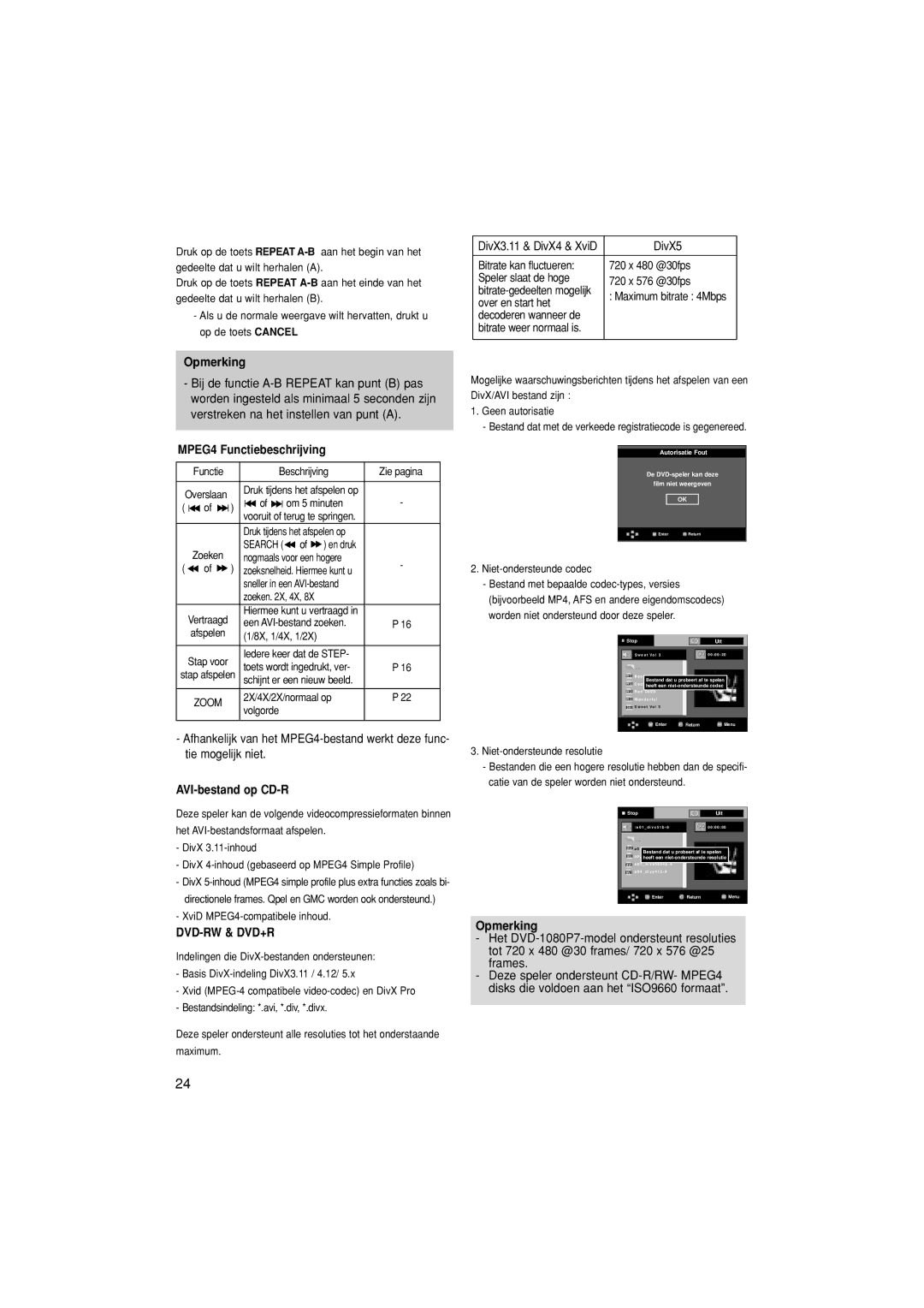 Samsung DVD-1080P7/AUS, DVD-1080P7/XSE, DVD-1080P7/XEG, DVD-1080P7/XEL manual MPEG4 Functiebeschrijving, AVI-bestand op CD-R 