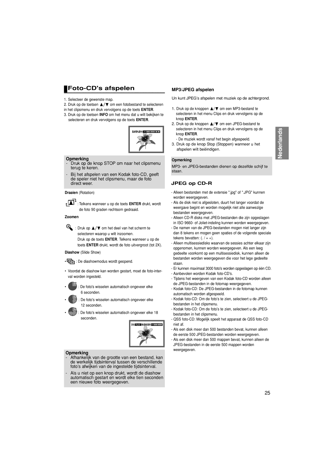 Samsung DVD-1080P7/XEL, DVD-1080P7/XSE manual Foto-CDs afspelen, MP3/JPEG afspelen, Jpeg op CD-R, Zoomen, Opmerking 