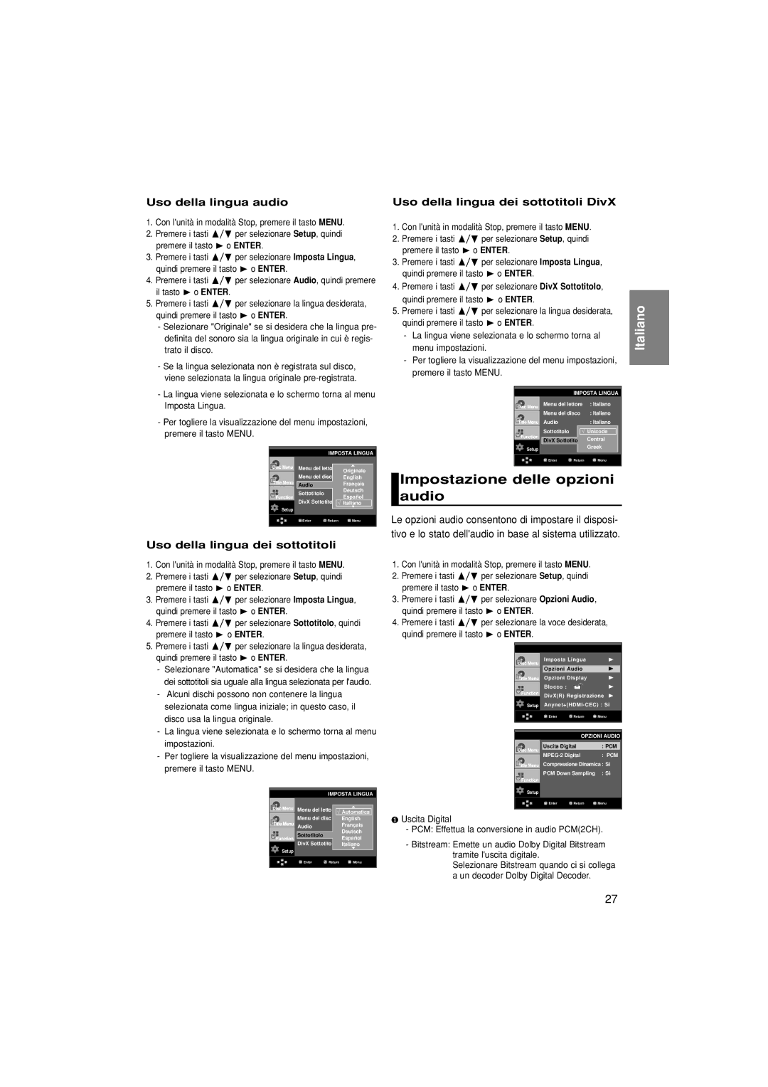 Samsung DVD-1080P7/AUS manual Impostazione delle opzioni audio, Uso della lingua audio, Uso della lingua dei sottotitoli 